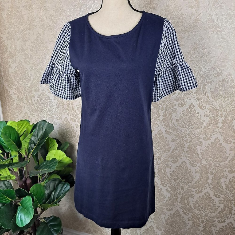 J Crew Size Small Navy Blue Shift Dress with Gingham Bell Sleeves Back Zip EUC